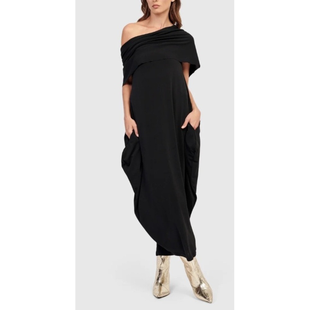 Alembika After Dark Savoir Cocoon Dress Black Asymmetrical Cowl Neck Midi Dress